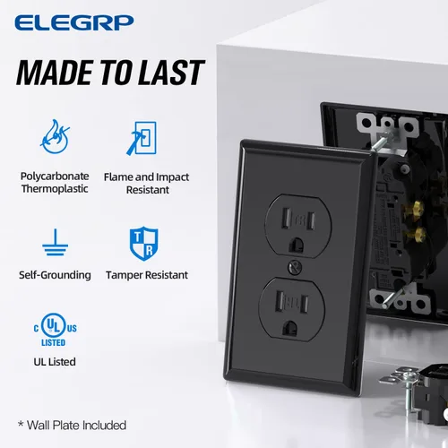 Vista 2 de ELEGRP Receptáculo dúplex resistente a manipulaciones, toma de pared dúplex eléctrica estándar de 15 A 125 V, 2 polos y 3 cables, 5-15R Negro