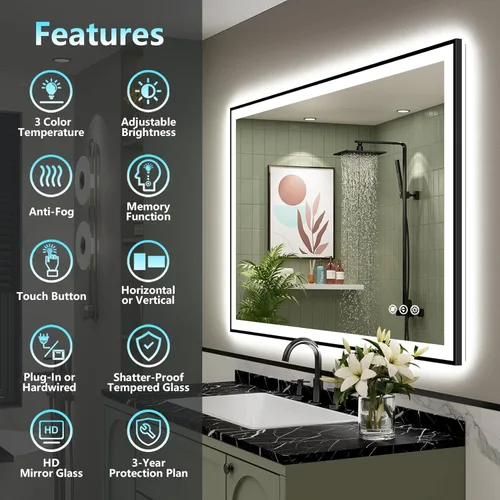 Vista 43 de Espejo de baño LED de 20 x 28 pulgadas con luces, retroiluminado y frontal iluminado antivaho para pared de baño, regulable, luz de 3