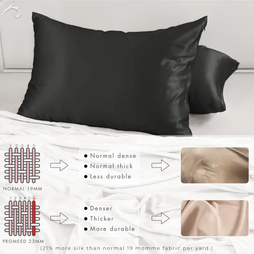 Vista 4 de PROMEED Funda de almohada de seda negra de grado 6A+ con cremallera, 23 fundas de almohada de seda de morera natural Momme para cabello y piel, Negro