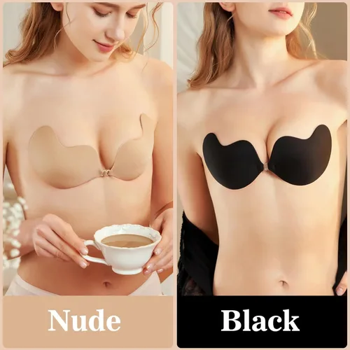 Vista 2 de TEAWOO 2 piezas Push Up - Brasier adhesivo sin tirantes, sin espalda, brasier invisible con realce y adhesivo reutilizable para mujer, negronude