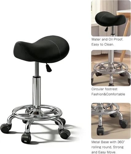 Vista 4 de Taburete con pedal de anillo, silla hidráulica ajustable con ruedas para uso médico, masaje, salón, spa, cocina y dibujo