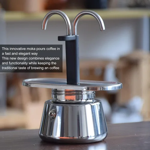 Vista 4 de Moka Pot - Olla de 2 tazas de 3.4 fl oz, olla Moka de doble cabezal de acero inoxidable, cafetera italiana de conducto DIY