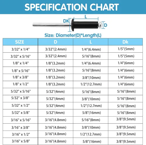 Vista 5 de SATANTECH 500 piezas de remaches negros, kit surtido de remaches emergentes, 14 tamaños SAE de remaches de aluminio (3/32" 1/8" 5/32" 3/16")