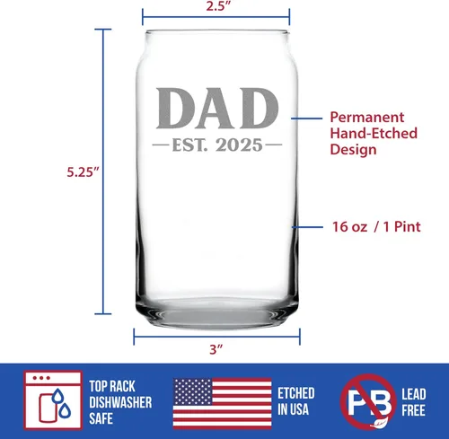 Vista 5 de Custom Dad Est 20XX - New Father Beer Can Pint Glass Gift for First Time Parents - Personalized Bold 16 Oz Glasses