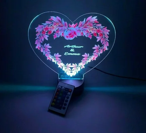 Vista 4 de MIRROR MANIA Heart with Flowers UV Printed Couples Night Light Up Table Lamp LED Personalized Free Engraved Names Dates Words Made to Order Custom