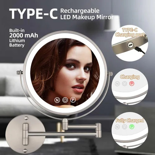 Vista 5 de Espejo de maquillaje iluminado de pared de 9 pulgadas con aumento, espejo de aumento 1X10X con luz, LED de 3 colores regulables de 2000 mAh