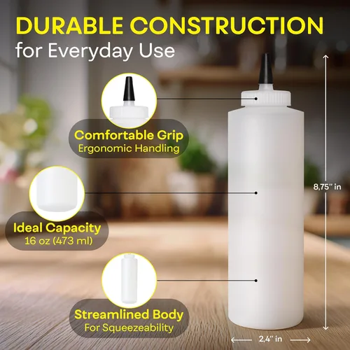 Vista 3 de BRIGHTFROM Botellas exprimibles de condimentos de 16 onzas de cuello ancho, botellas vacías para chorros – Tapa superior extraíble, a prueba