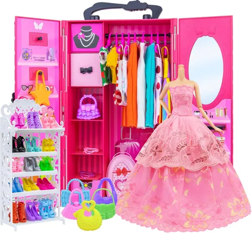 Vista 8 de Ecore Fun Armario de Guardarropa de Muñeca de Moda para Almacenamiento de Ropa y Accesorios de Muñecas - Lote de 102 Artículos que Incluyen Ropa