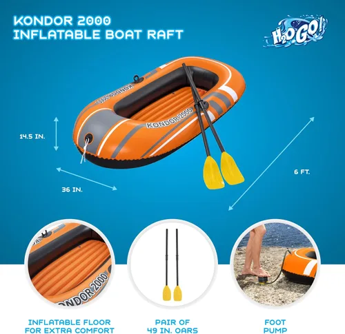 Vista 3 de Bestway 61062E H2OGO! Kondor 2000 - Juego de balsa acuática inflable de 77 x 45 pulgadas con 2 remos y bomba de pie para lagos, piscinas y ríos