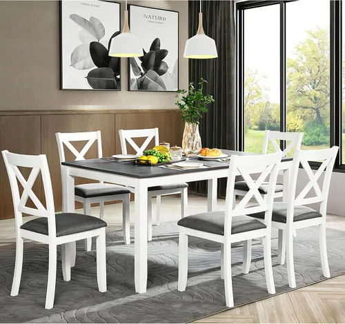 Vista 28 de Harper & Bright Designs Juego de mesa de comedor de 6 piezas con sillas y Negro + Beige)