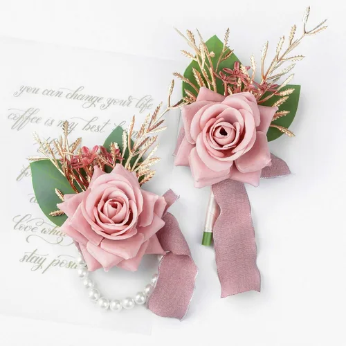 Vista 14 de Juego de muñequeras y ramillete de muñeca rosa rubor para boda, dama de honor, madre, abuela, para despedida de soltera, boda, rosas artificiales