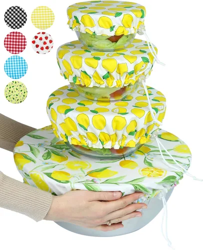 Vista 12 de Fundas grandes de tela de algodón reutilizables hechas a mano para tazones – Dos capas de tela (solo juego extra grande de 3, aguacate)