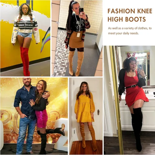 Vista 2 de Vepose Botas altas sobre la rodilla para mujer, botas de tacón largo de gamuza de 3.5 pulgadas con cremallera