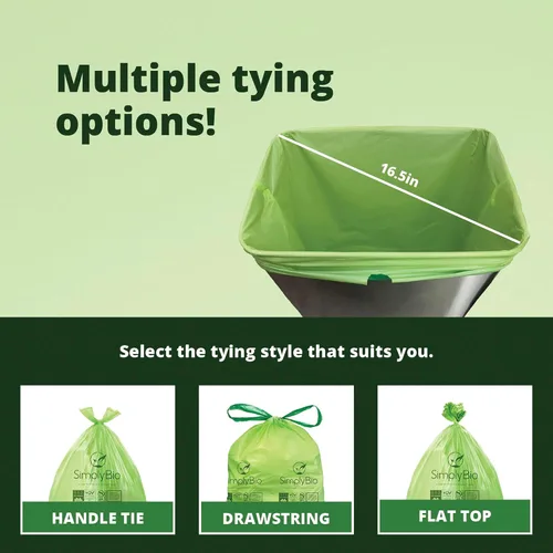 Vista 8 de Simply Bio Bolsas de basura compostables de 13 galones con cordón de cierre, extra gruesas de 1 mil, 49.21 litros, 30 bolsas, bolsa alta de cocina
