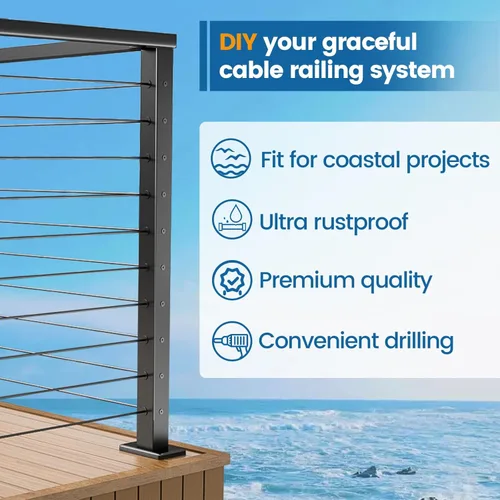 Vista 4 de Poste de barandilla de cable de esquina negro de aluminio Muzata de 36 pulgadas 36"X2"x2" solución de esquina de un solo poste T-taladrado kit