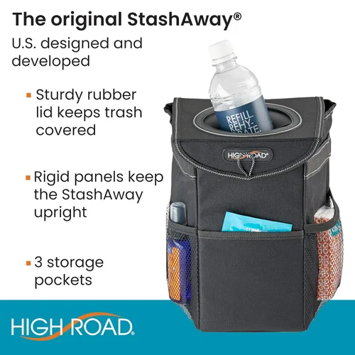 Vista 2 de High Road StashAway - Bote de basura resistente de servicio pesado para automóvil con tapa de goma, 3 bolsillos de almacenamiento y paneles