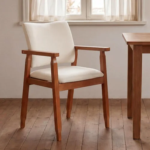 Sillas de comedor de nogal moderno de mediados de siglo con brazos de madera en color beige, tela para cocina, café, sala de estar, decoración,