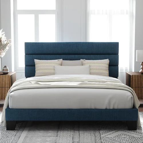 Vista 23 de Allewie Base de cama de plataforma de tamaño individual con cabecera tapizada de tela y soporte de listones de madera, base de colchón totalmente