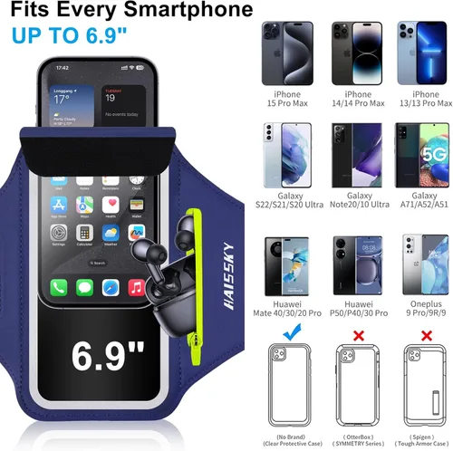 Vista 4 de Brazalete para teléfono celular con auriculares, bolsillo con cremallera, soporte para iPhone 15 Pro Max /14/13/12/11 Pro Max/XS/XR, Galaxy S20 S10