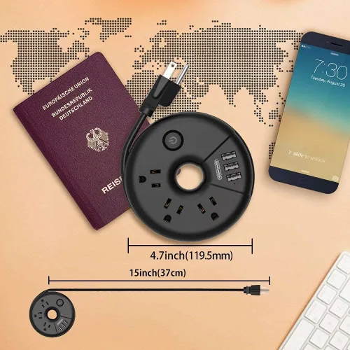 Vista 2 de NTONPOWER Paquete de regletas de viaje con 3 tomacorrientes, 3 USB, estación de carga portátil de escritorio con cable corto de 15 pulgadas
