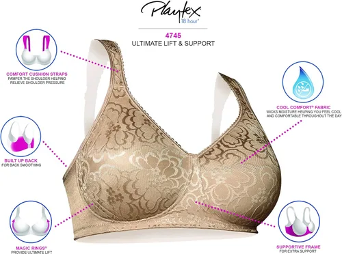 Vista 9 de Playtex Women's 18-Hour Ultimate Lift & Support Wireless Full-Coverage Bra, Everyday Comfort, Single & 2-Pack