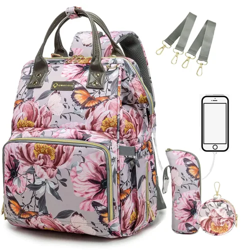 Vista 17 de Mochila para pañales para papá y mamá con puerto de carga USB, correas para cochecito y bolsillo aislado, mochila de viaje militar del ejército