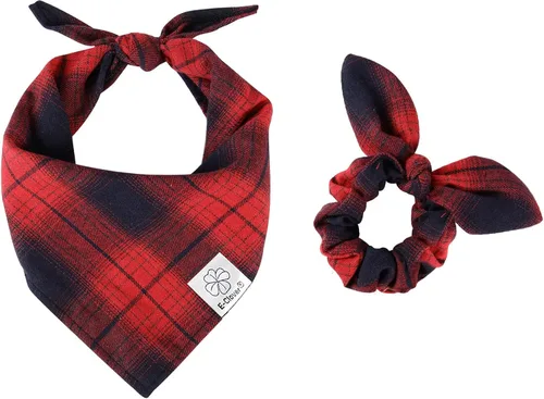 Vista 9 de E-Clover Bandana de Perro a Cuadros Marrón y Scrunchie a Juego - Bandana de Perro de Otoño Triangular a Cuadros Bufanda Babero para Mascotas