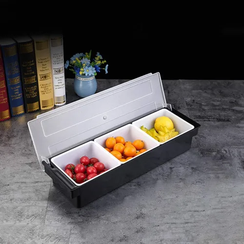 Vista 3 de FEOOWV Organizador de condimentos de frutas y verduras con tapa, bandeja dispensadora de plástico de 3 compartimentos para catering salsas, servir