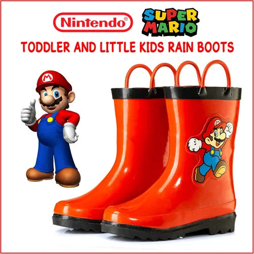 Vista 3 de Nintendo Super Mario - Botas de lluvia de goma impermeables con asas fáciles de poner, para niños pequeños y pequeños