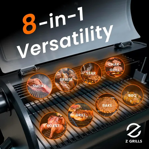 Vista 2 de Z GRILLS Parrilla Ahumadora Eléctrica de Pellets de Madera con Controlador PID 3.0, Temperatura Máxima de 450 °F, Parrilla y Ahumador 8 en 1