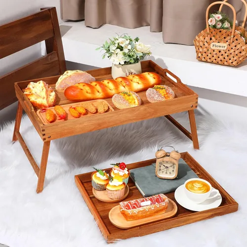 Vista 2 de Mesa baja de acacia de 2 piezas para sentarse en el suelo, bandeja de desayuno con patas y asas, bandeja plegable de madera para servir desayuno
