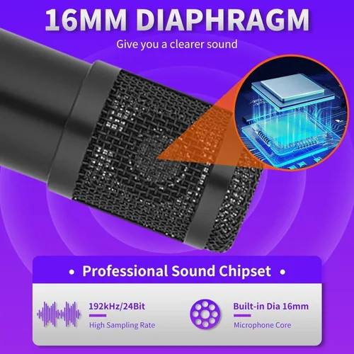 Vista 4 de Micrófono de condensador, profesional cardioide para estudio, transmisión, podcast, PC, computadora, USB, set de micrófono con brazo de tijera