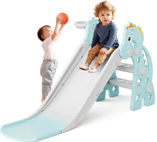 67i Tobogán para niños pequeños para jugar en interiores y exteriores con aro de baloncesto, pasos antideslizantes, escalador para bebé de 46.8 Verde