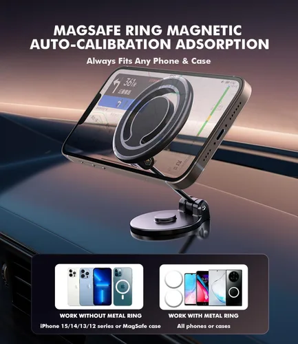 Vista 6 de Soporte magnético para automóvil para iPhone 15, 14, 13, 12 Pro Max Mini, funda MagSafe plegable, con 44 imanes N52 fuertes, se adapta a todos