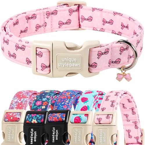 Vista 41 de Collar de perro de estilo único Valentine con hebilla de plástico y colgante en forma de corazón de amor en negro y rosa, collares de algodón