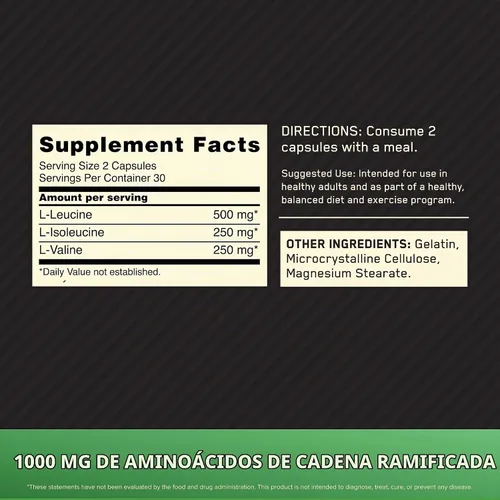 Vista 2 de Optimum Nutrition - Cápsulas de BCAA, aptas para dieta cetogénica, 1000 mg, 60