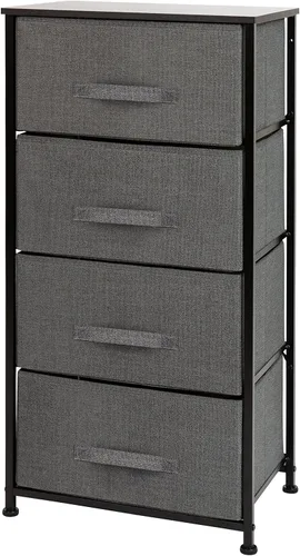Flash Furniture Harris - Cómoda de almacenamiento de 4 cajones, marco de hierro fundido negro y parte superior de madera, 4 cajones de tela gris