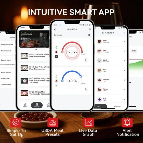 Vista 8 de BFOUR Termómetro digital inalámbrico para carne con 2 sondas impermeables mejoradas, termómetro Bluetooth para barbacoa inalámbrico con pantalla