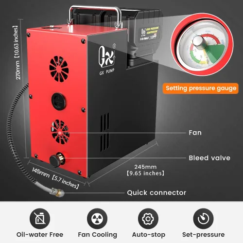 Vista 2 de GX PUMP Compresor de aire PCP L3 4500Psi/320Bar/32Mpa, compresor PCP con baterías de litio duales de 18 V, presión establecida y apagado automático