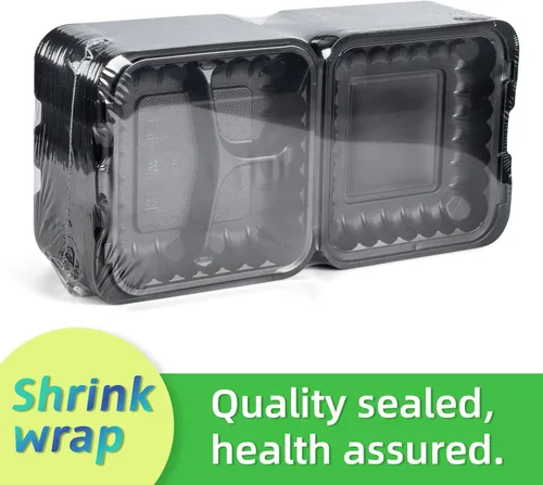 Vista 2 de Contenedor para Llevar de Plástico PP Relleno de Minerales - 7.8 Pulgadas 30oz Paquete de 65 Sin BPA 3 Compartimentos Envoltura Retráctil Caja Bento