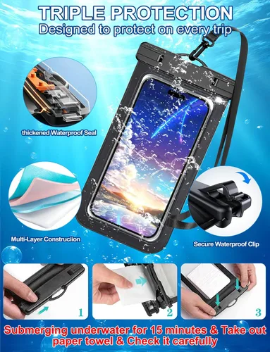 Vista 5 de Paquete de 5 bolsas impermeables universales blancas de hasta 8.3 pulgadas, funda impermeable para teléfono grande, nivel de protección: IP68