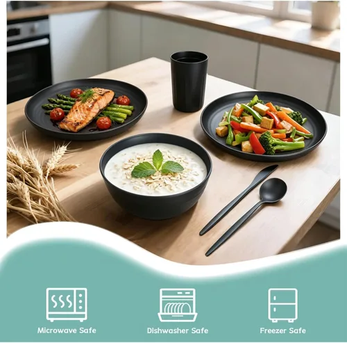 Vista 5 de Juego de vajilla de paja de trigo de 28 piezas, apto para microondas y lavavajillas, juego de vajilla irrompible, juego de vajilla reutilizable