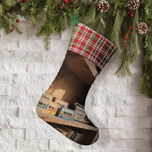 Vista 5 de Retro Cassette Tape Christmas Stocking 13.2in, Glitter Sequins Xmas Stocking with Hanging Loop, Fun Gift Bag for Holiday Party Decor, One