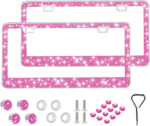 Vista 7 de RunOne Juego de 2 marcos de matrícula brillante para mujer, soporte de matrícula de acero inoxidable con imitación de diamantes, accesorios