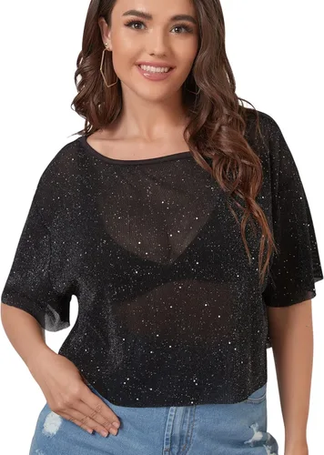 OYOANGLE Camiseta corta de malla con purpurina para mujer, talla grande, transparente, manga corta