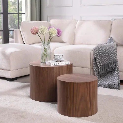 Vista 15 de Juego de 2 mesas de centro redondas, mesa auxiliar anidable y mesa auxiliar de madera con tambor circular pequeño para sala de estar y oficina, sin