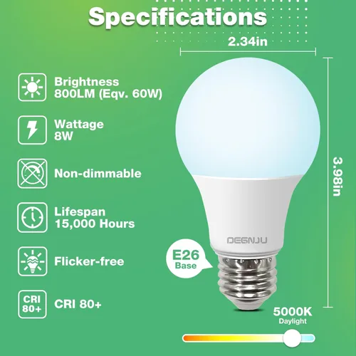 Vista 2 de DEGNJU Bombillas LED, luz diurna, de 5000 K, equivalentes a 60 W, bombillas estándar A19, 800 lm, 15,000 horas, base E26, no regulables, de 8.5 W
