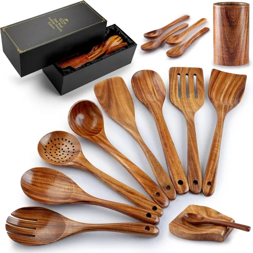 Vista 13 de Zulay Kitchen Juego de 5 cucharas de madera extragrandes - Utensilios de cocina de teca lisa - Cucharón, espátula, espumadera, tenedor, cuchara