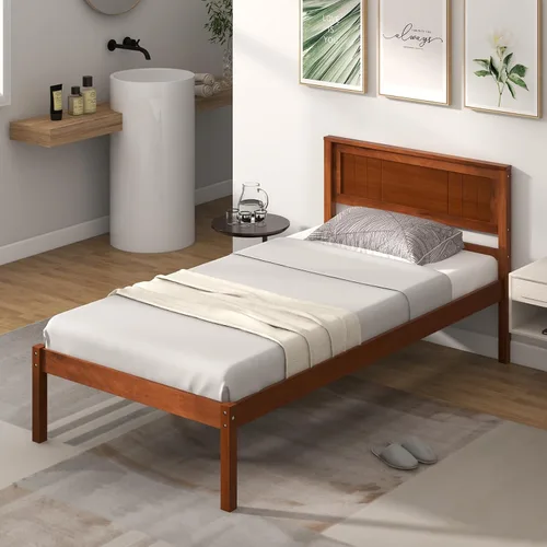 Vista 3 de Giantex Base de cama individual con cabecero, cama de plataforma de madera maciza con soporte de listones de madera, cama individual