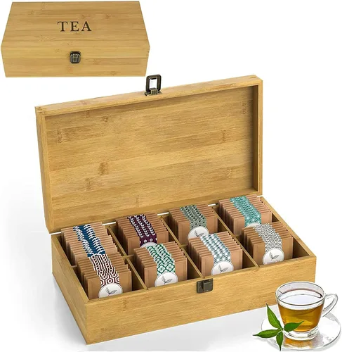 Vista 24 de Caja Organizadora de Té de Bambú Libre de Químicos Ecológica Grande, Alta, Compartimentos Ajustables Cofre de Almacenamiento de Madera Natural